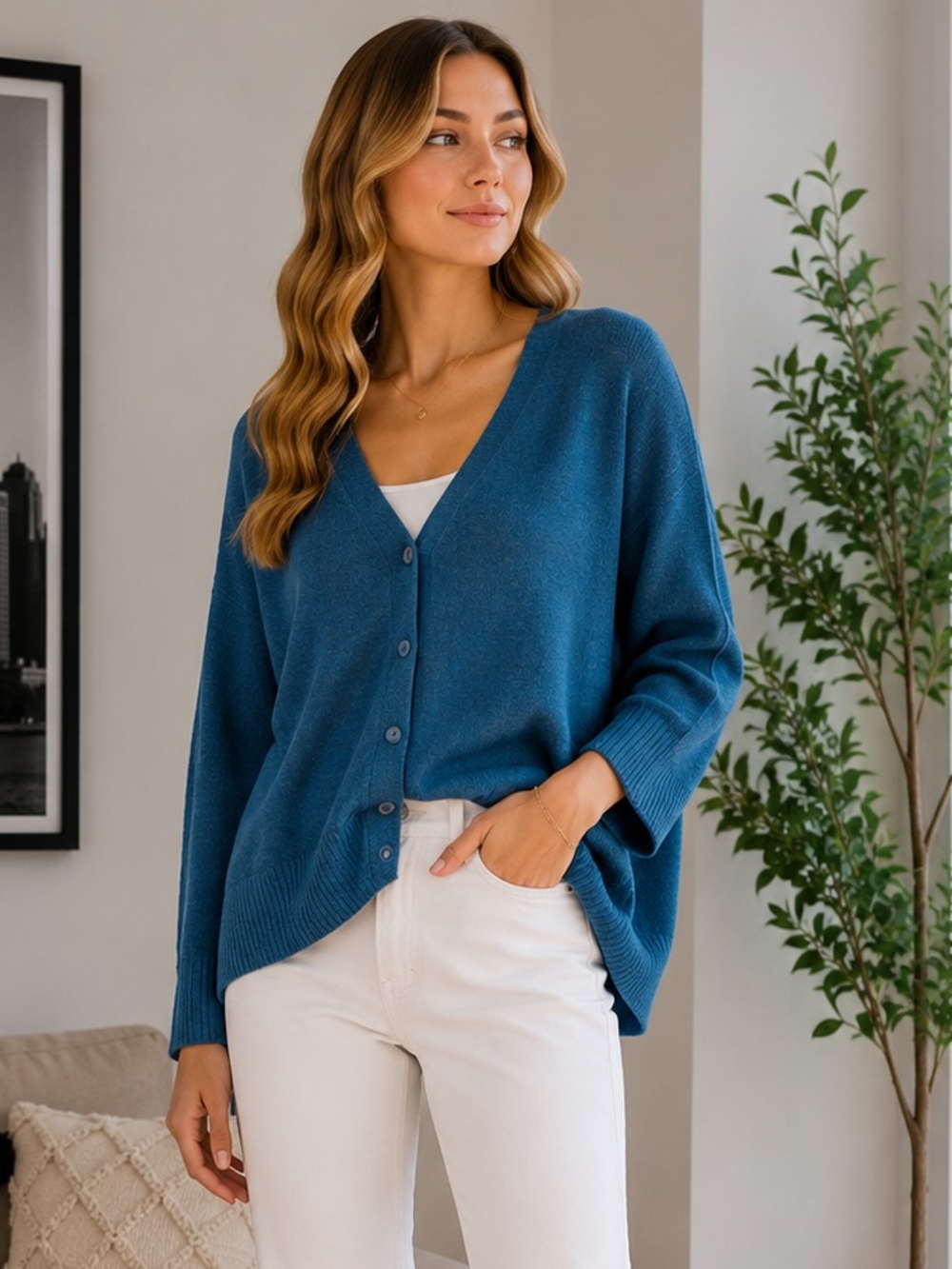 Zara Wool Alpaca Blend V-Neck Oversized Lightweight Cardigan teal blue sz medium